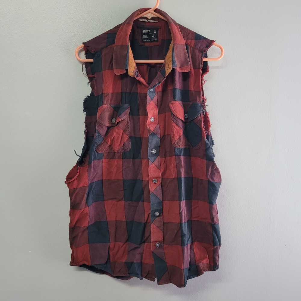 Jetty Mens XL Sleeveless Flannel Shirt Red‎ Black Plaid Distressed Cut Off